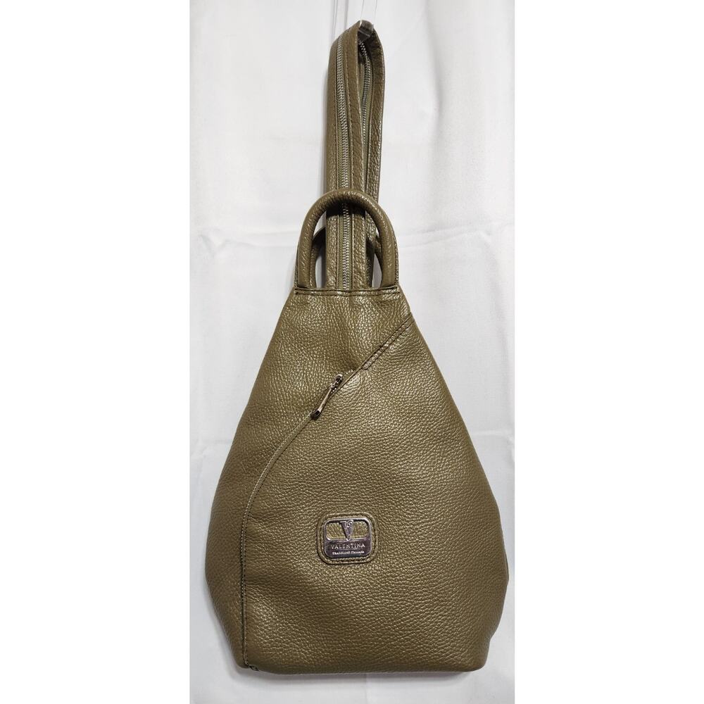 Valentina Italia Olive Pebbled Leather‎ Zipper Convertible Backpack Sling Bag